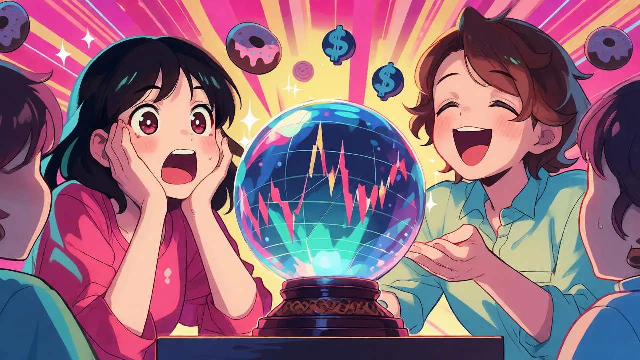Anime characters reacting to volatile crypto charts with donuts
