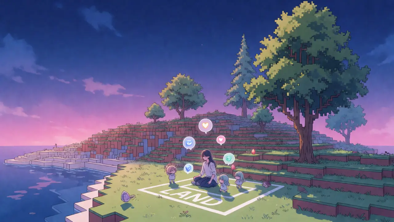 Anime figure sitting on a voxel island in a pastel-colored virtual world.