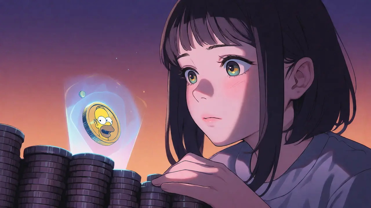 Anime girl contemplating a fragile Homer token hologram