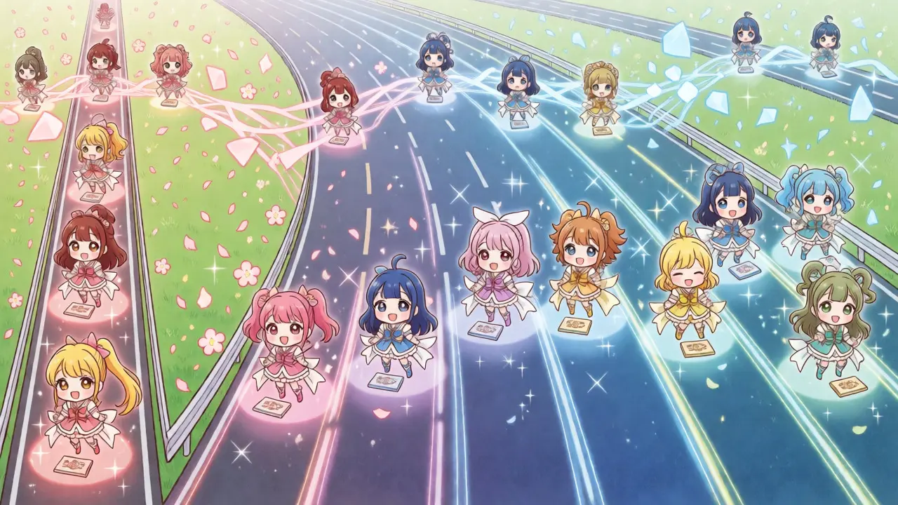Anime illustration showing a highway splitting into multiple parallel lanes with cute validators managing traffic flow.
