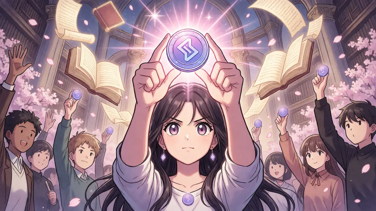 Anime-style community members voting with LENFI tokens in a magical governance setting.