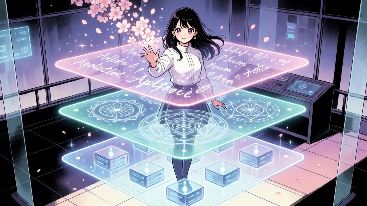 Anime-style depiction of a character interacting with layered holographic blockchain infrastructure, platform, and application tiers.