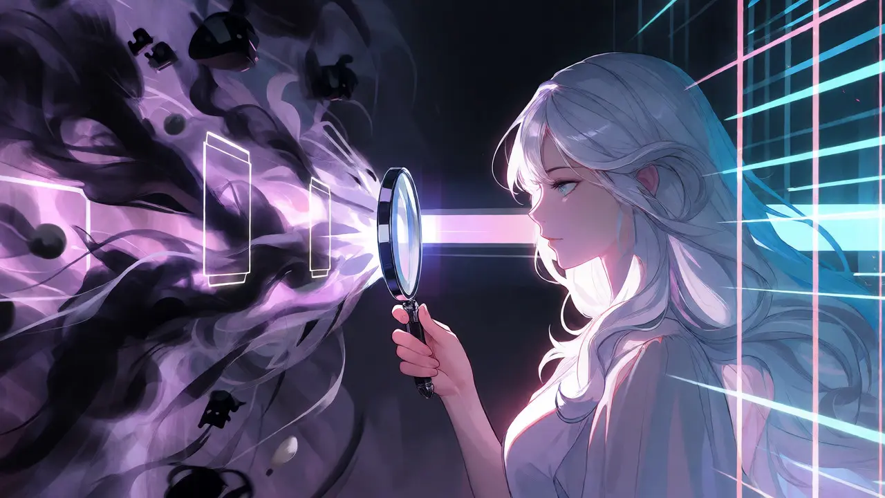 Anime-style figure using a magnifying glass to pierce through dark mixing smoke to reveal clear crypto data.