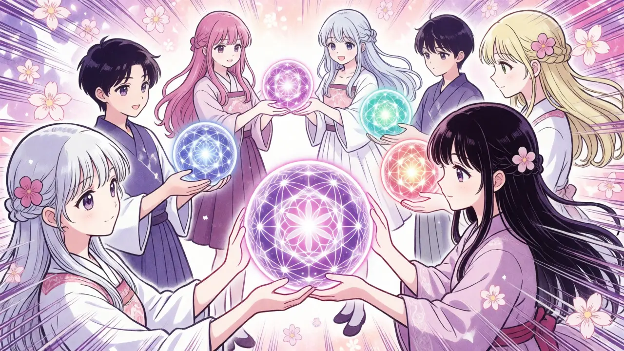 Anime style illustration of multiple nodes exchanging and merging data orbs to achieve network consistency.