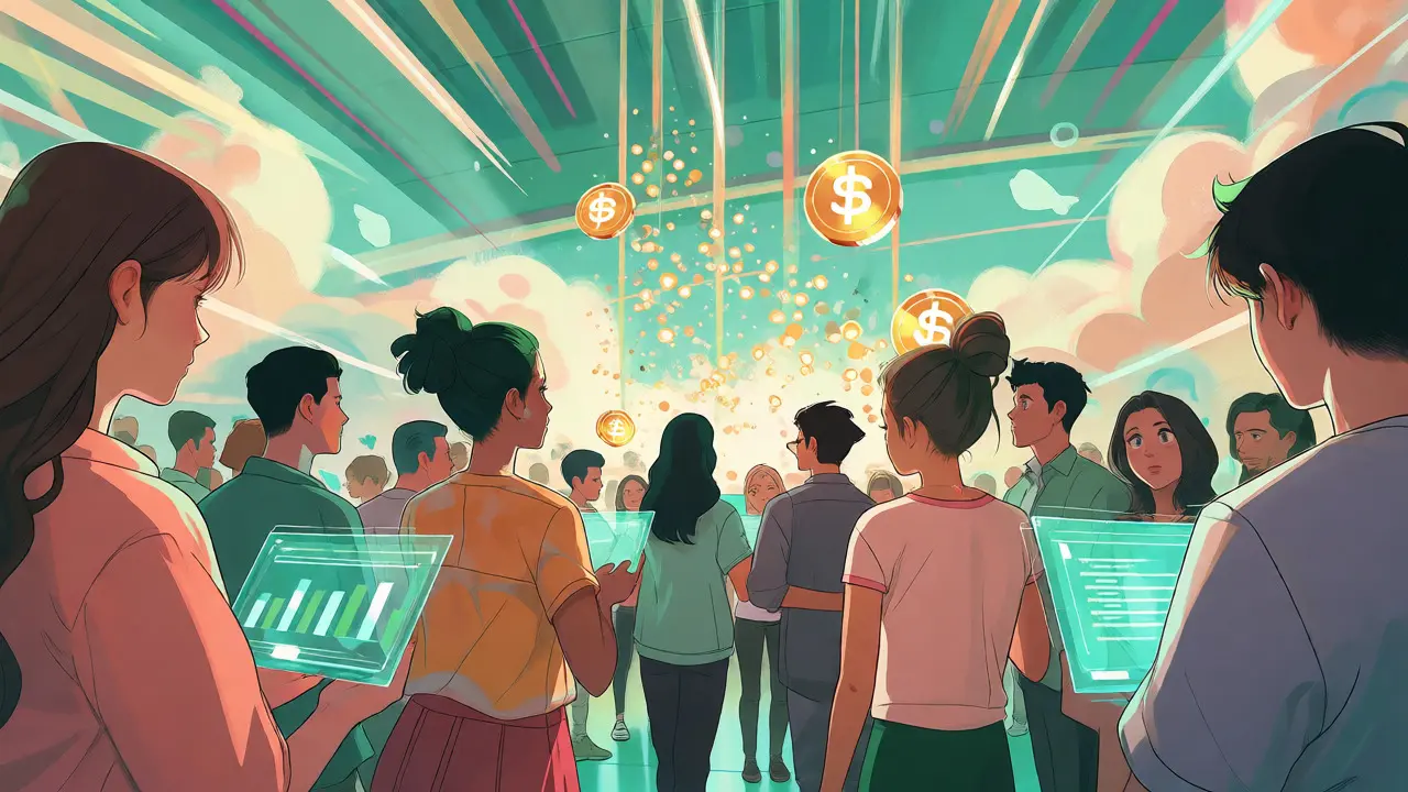 Anime style virtual community with floating token lights and characters
