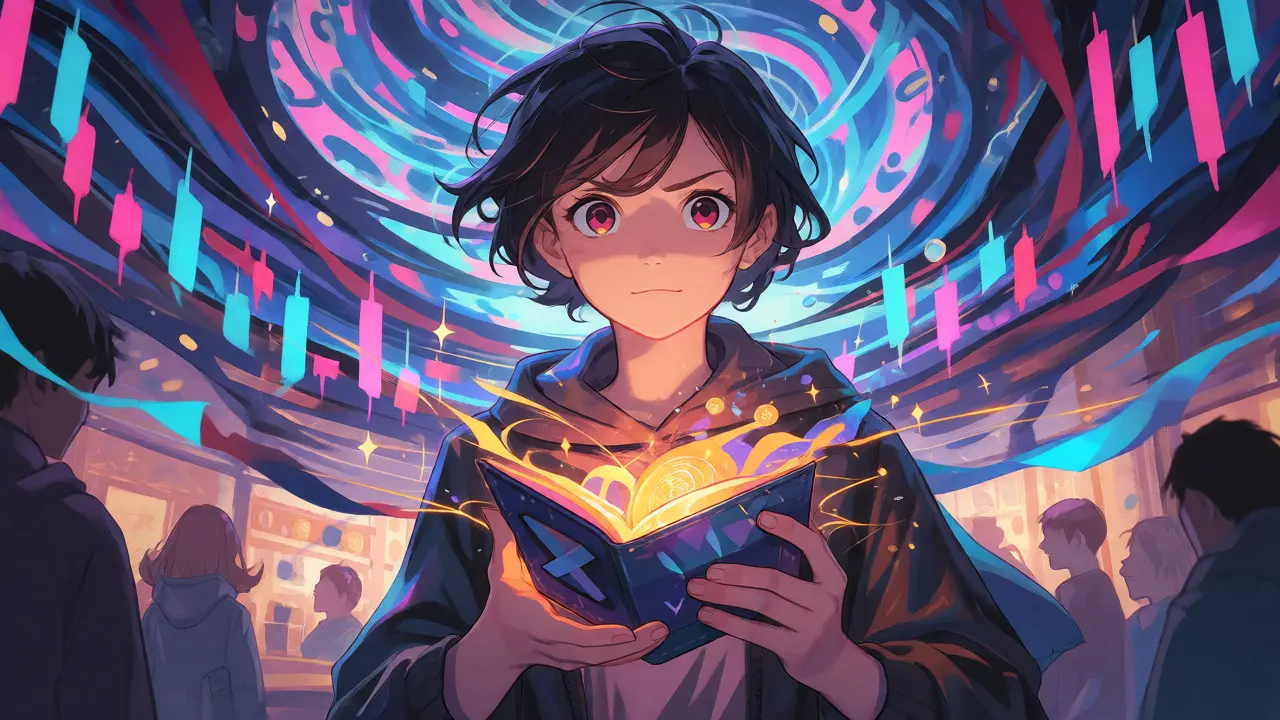 Anime trader swapping tokens in a magical, swirling crypto marketplace