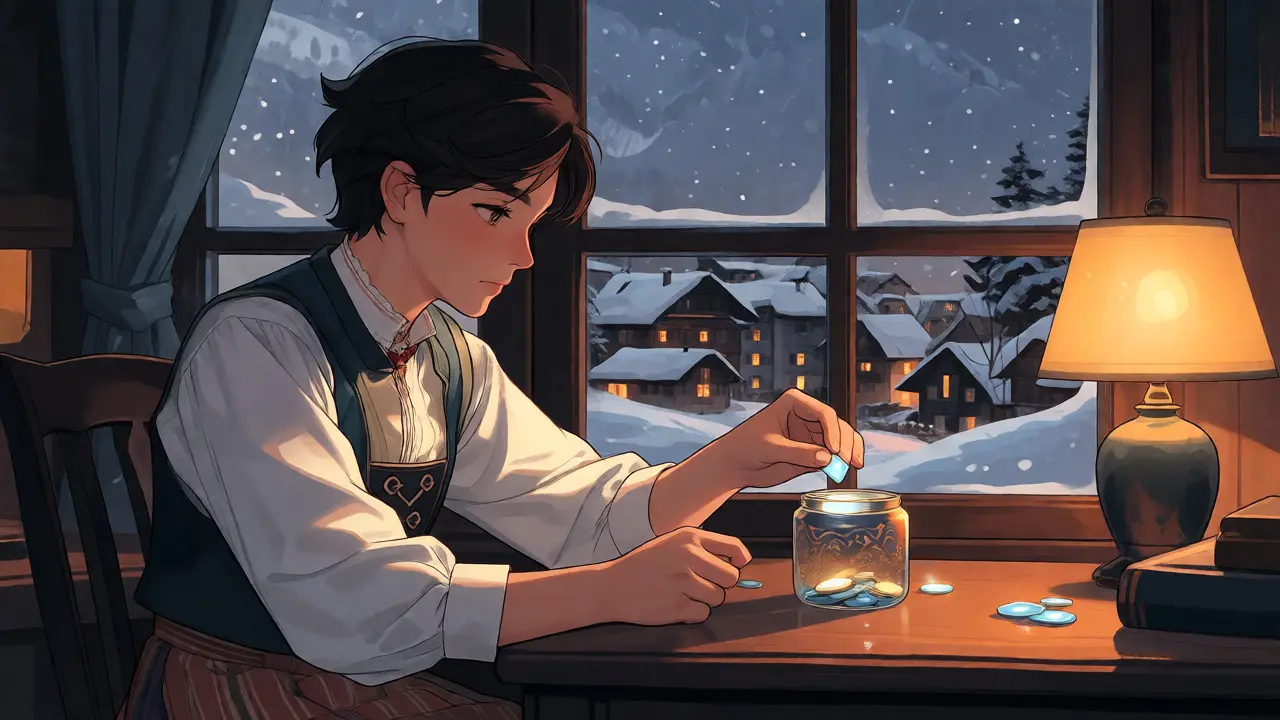 Character declaring crypto assets by a snowy window