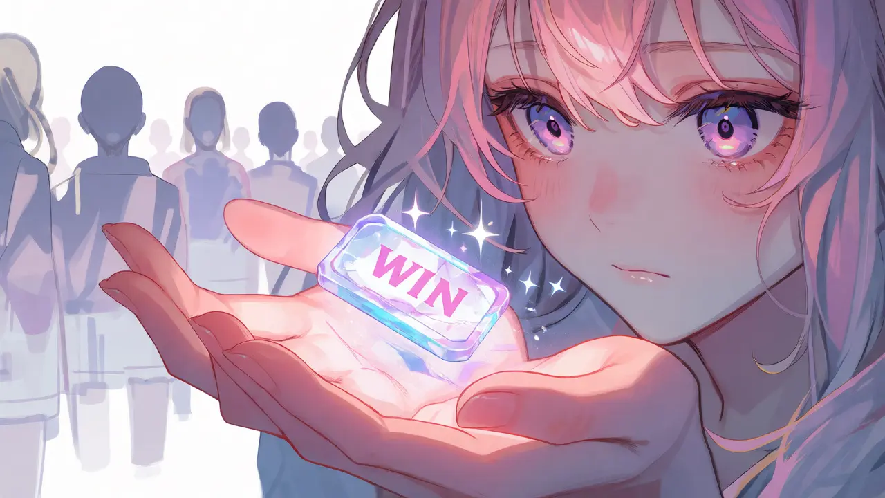 Character holding a cracked, glowing WIN token with a fading crowd behind them.
