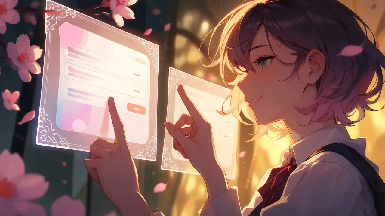 Character interacting with a clean, holographic swap interface amidst cherry blossoms
