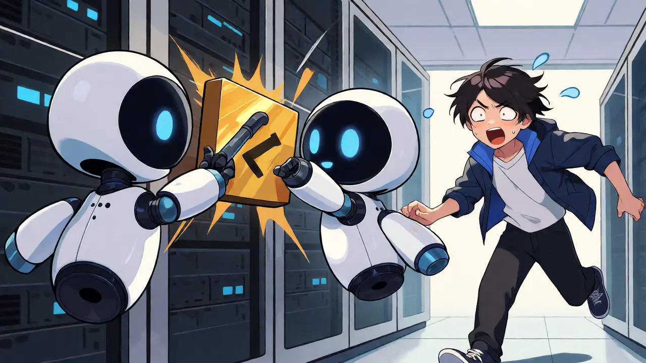 Chibi robots causing a double-signing error while a character panics in a shoujo manga scene.