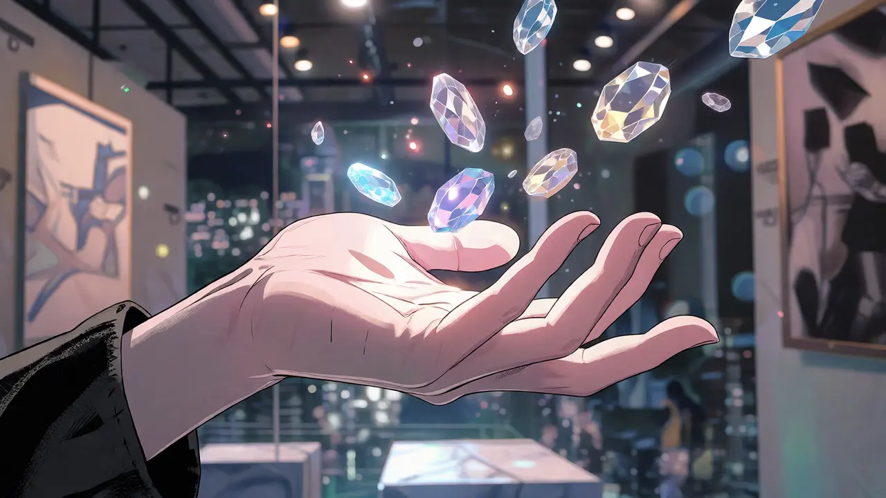 Close up of hand catching glowing crystal tokens in anime style