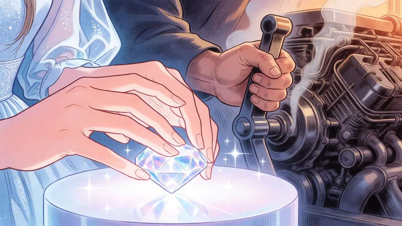 Close-up of locking a glowing gem for staking versus gripping heavy mining machinery.