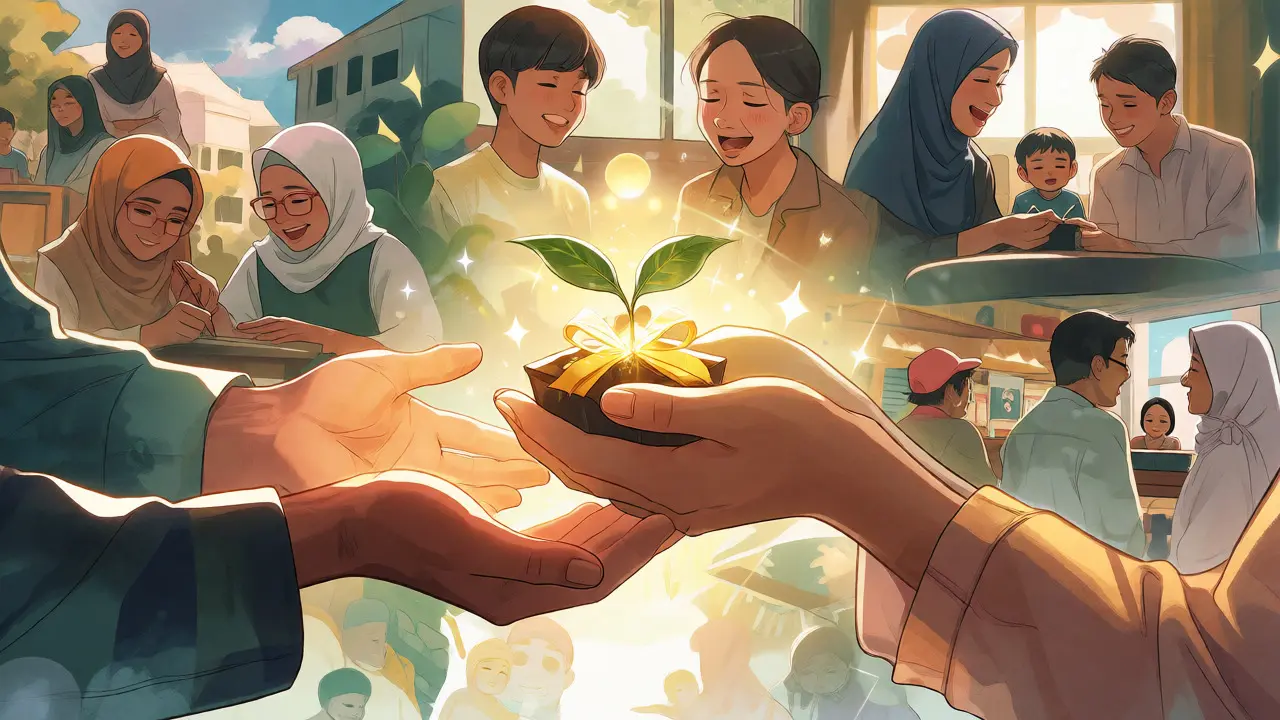 Community sharing gifts in a warm shoujo manga style illustrating charity