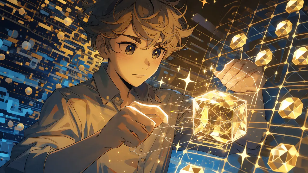 Developer weaving golden light threads into a crystalline structure