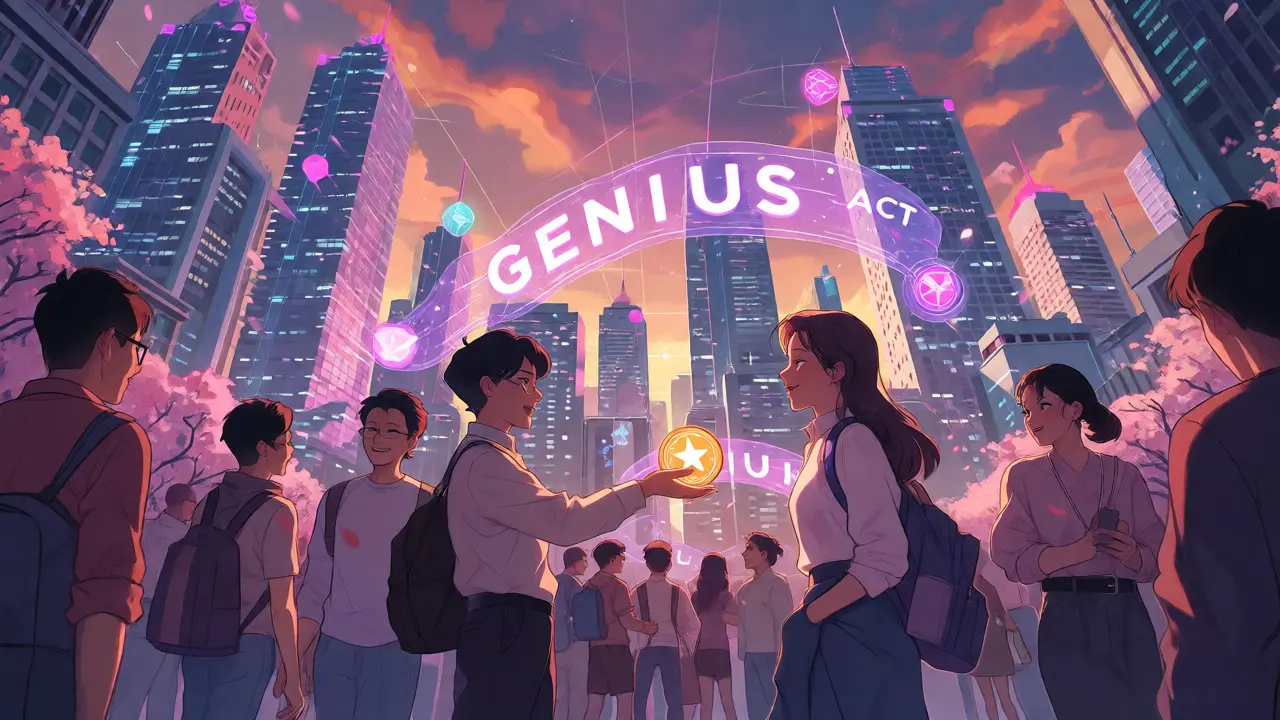Diverse characters celebrating in a futuristic city with digital streams and stablecoins.