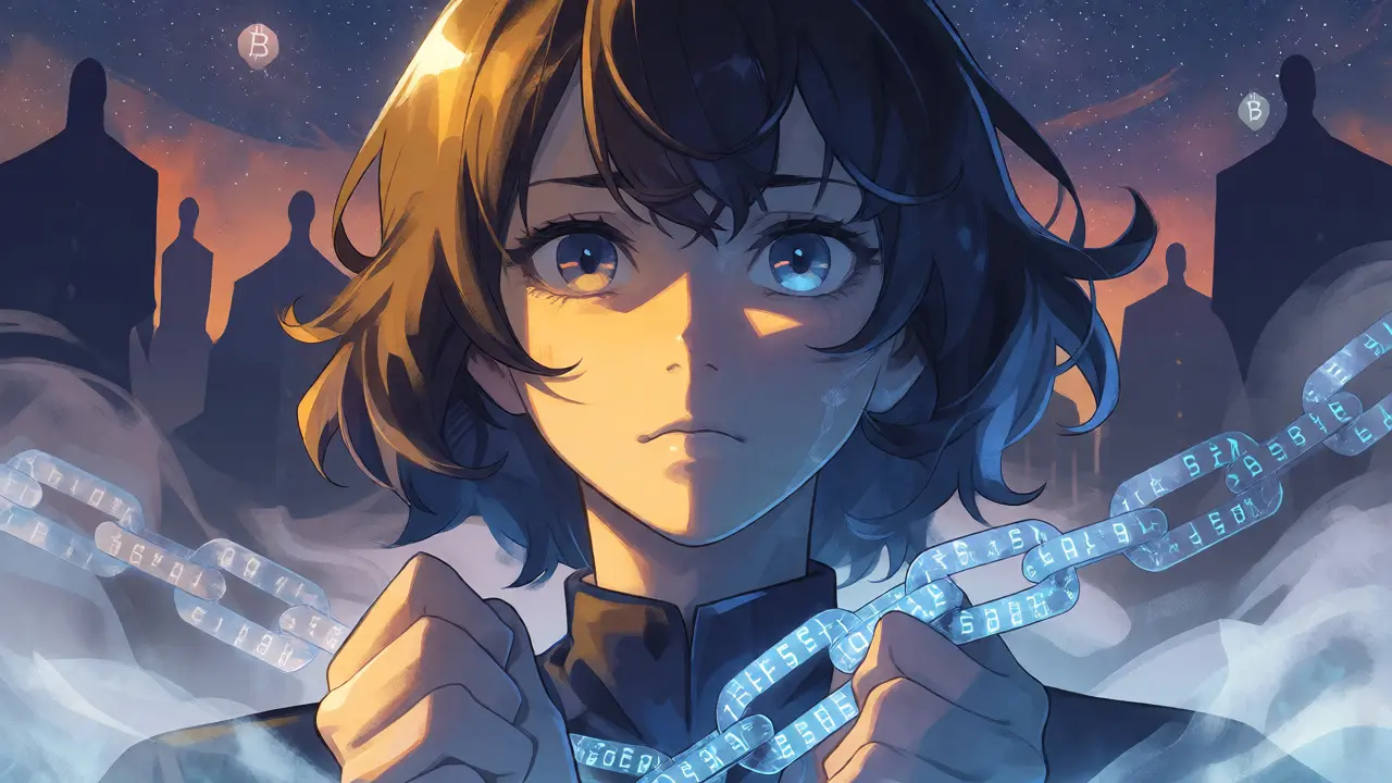 Dramatic anime portrait with digital chains wrapping wrists, symbolizing frozen crypto assets and legal risks.