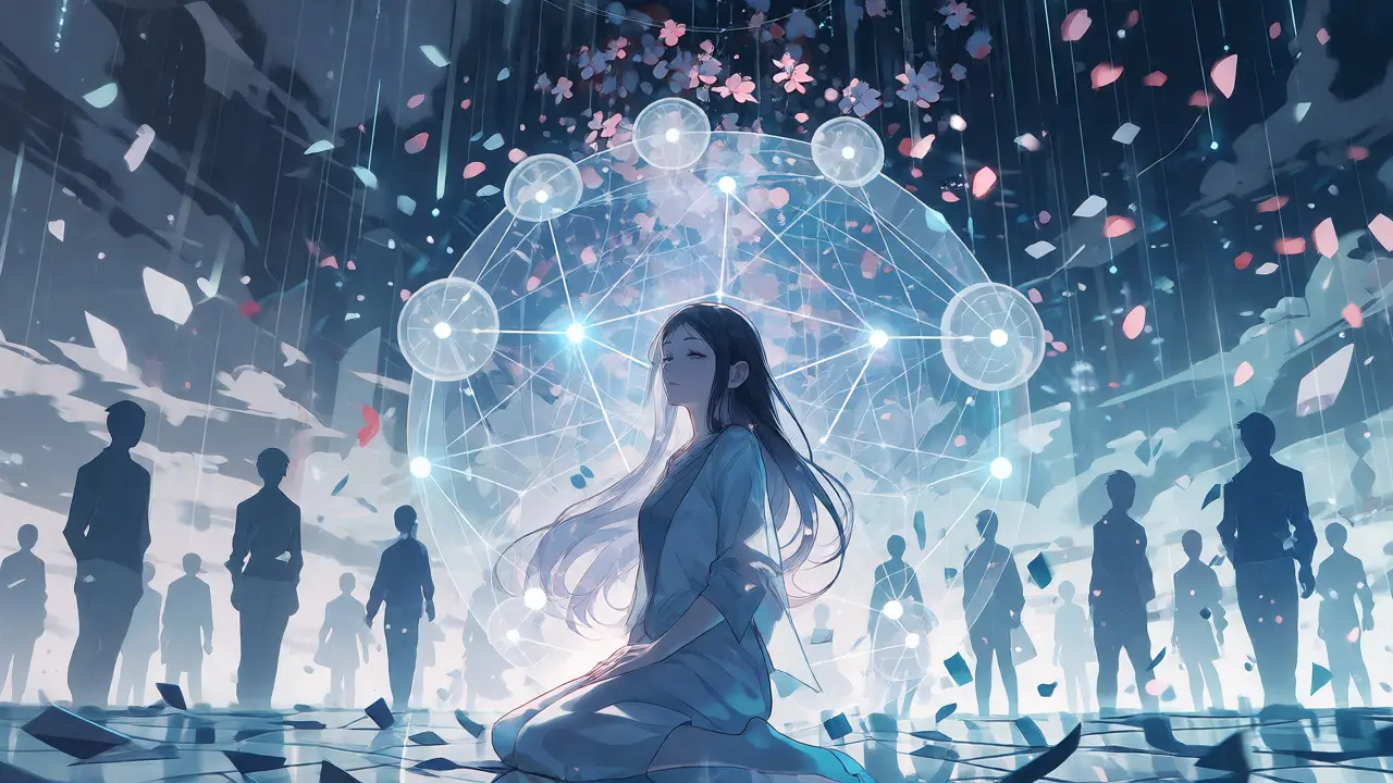 Female figure protected by a digital barrier amidst falling shards in a shoujo manga style.