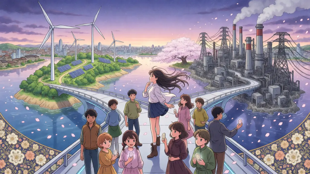 Futuristic bridge scene comparing green sustainable staking networks with industrial mining zones.