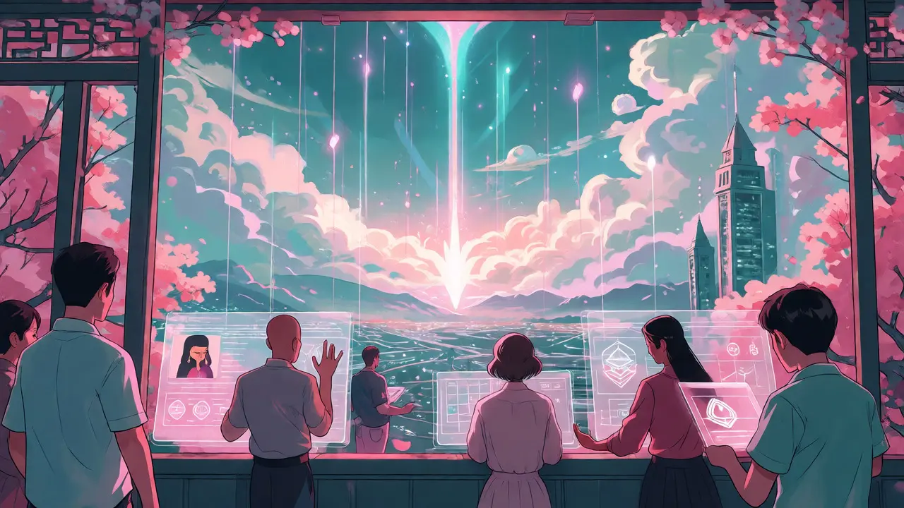 Futuristic city with holographic interfaces and ascending light streams