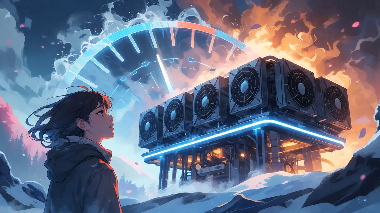 Futuristic crypto mining rig in a snowy landscape with energy meters