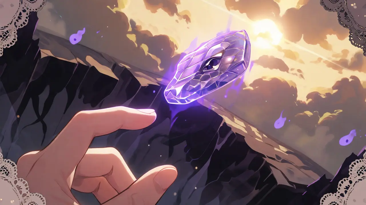 Hand reaching for a fragile snake-shaped token over a shadowy risk abyss