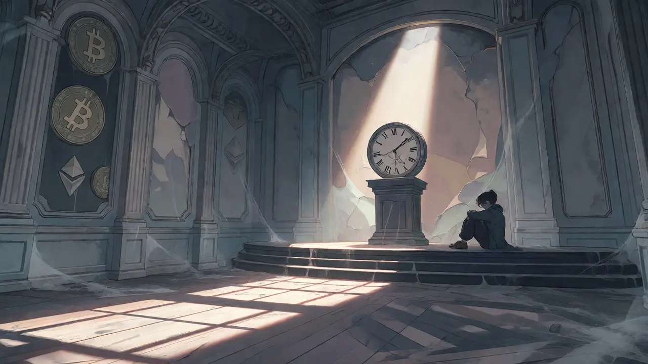 Lone figure sitting in a dusty, abandoned ballroom with a stopped clock.
