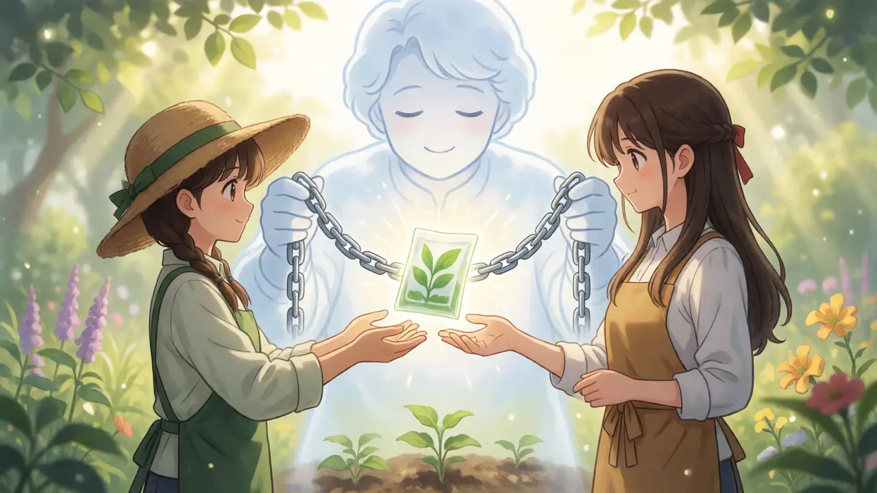 Manga illustration of farmers and retailers exchanging goods via a managed blockchain chain held by a cloud-like guardian figure.