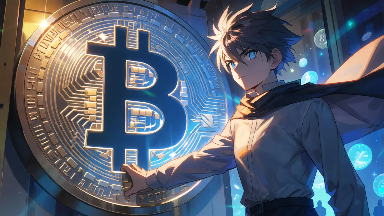 Protagonist opening a vault filled with glowing Bitcoin orbs representing the strategic reserve.
