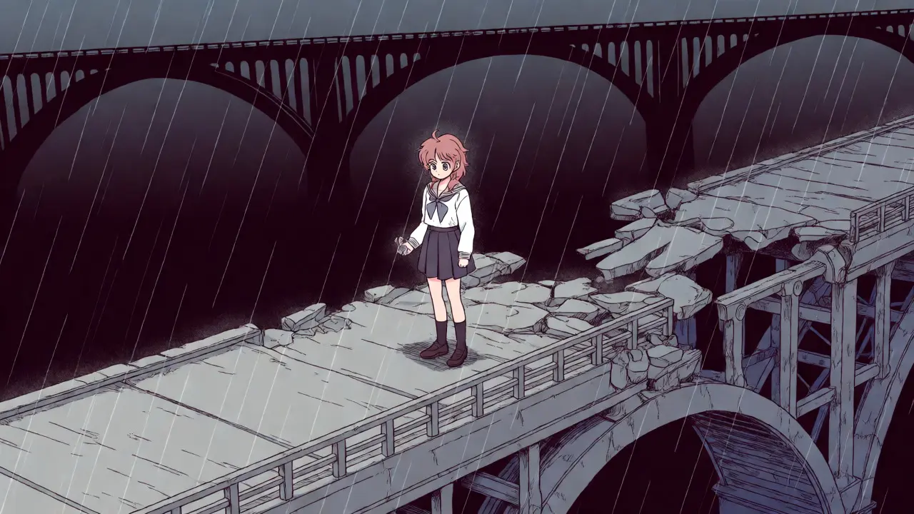 Sad anime character crying on a crumbling bridge over a dark void, holding a cracked gray token.