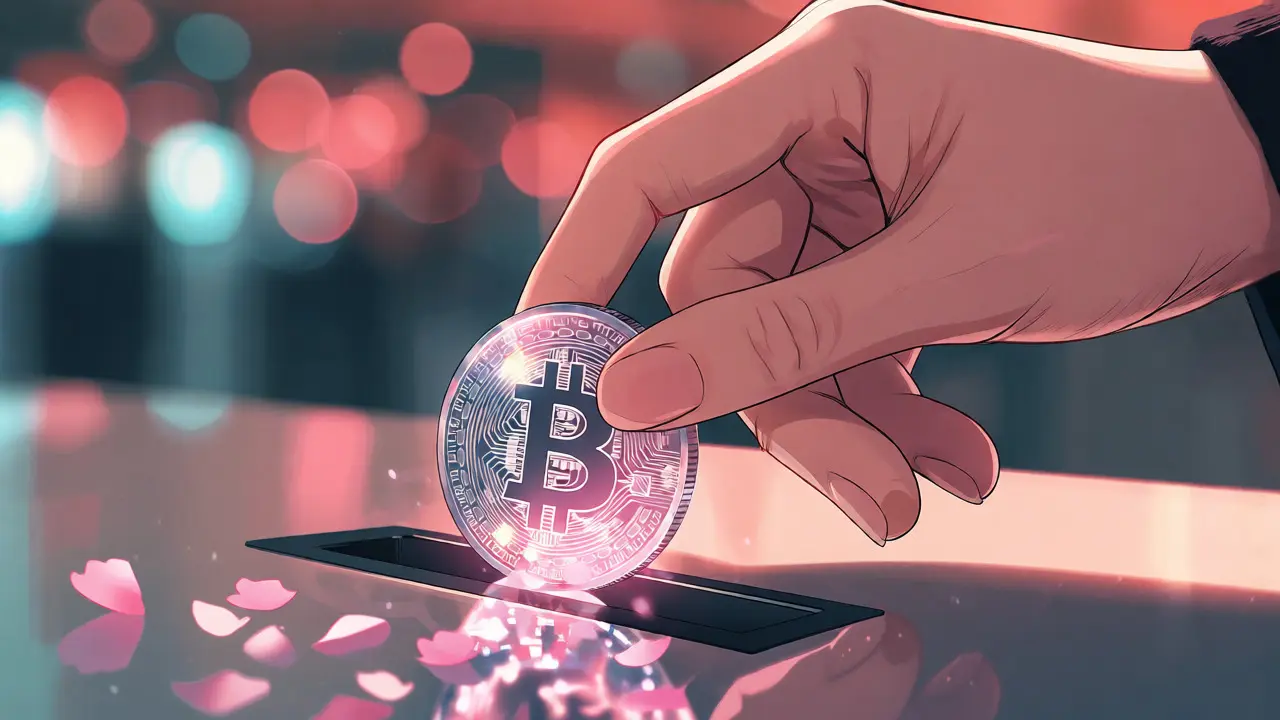 Secure crypto transaction depicted as placing a glowing coin in anime style