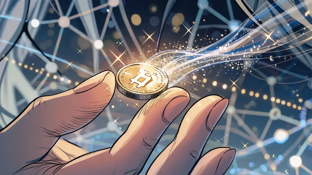 Shoujo manga close-up of a hand holding a dissolving coin symbolizing low transaction fees.