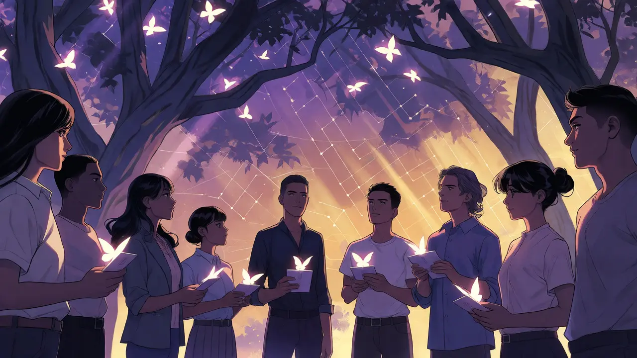Shoujo manga scene of characters casting votes as glowing butterflies under digital trees.