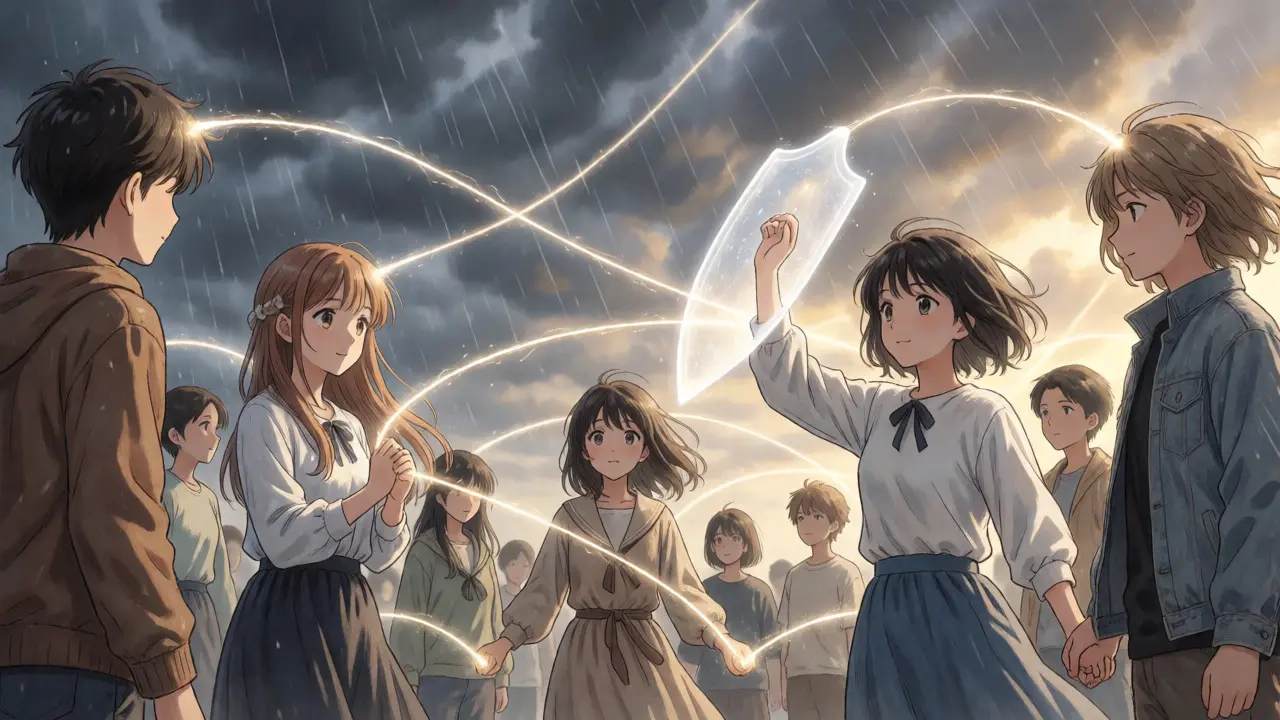 Shoujo manga scene showing resilient network connections maintaining integrity despite stormy environmental disruptions.