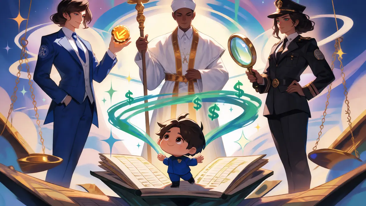 Three regulators overseeing a trusted crypto trader in shoujo manga art
