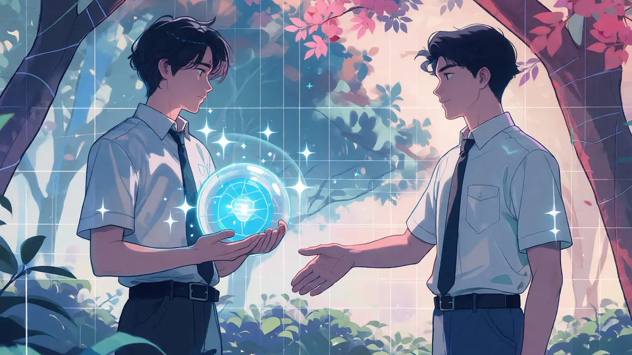Two anime characters exchanging tokens securely in a serene digital garden
