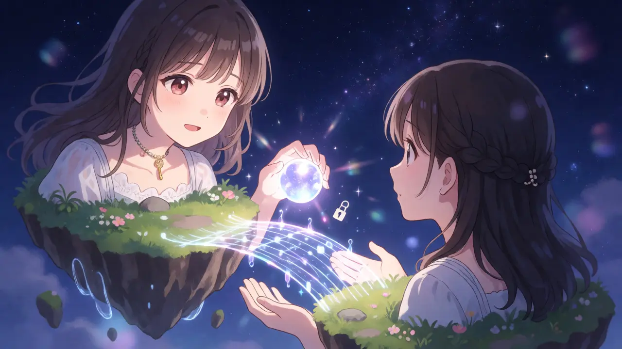 Two anime characters on floating islands exchanging a glowing orb across a delicate data bridge in a starry sky.