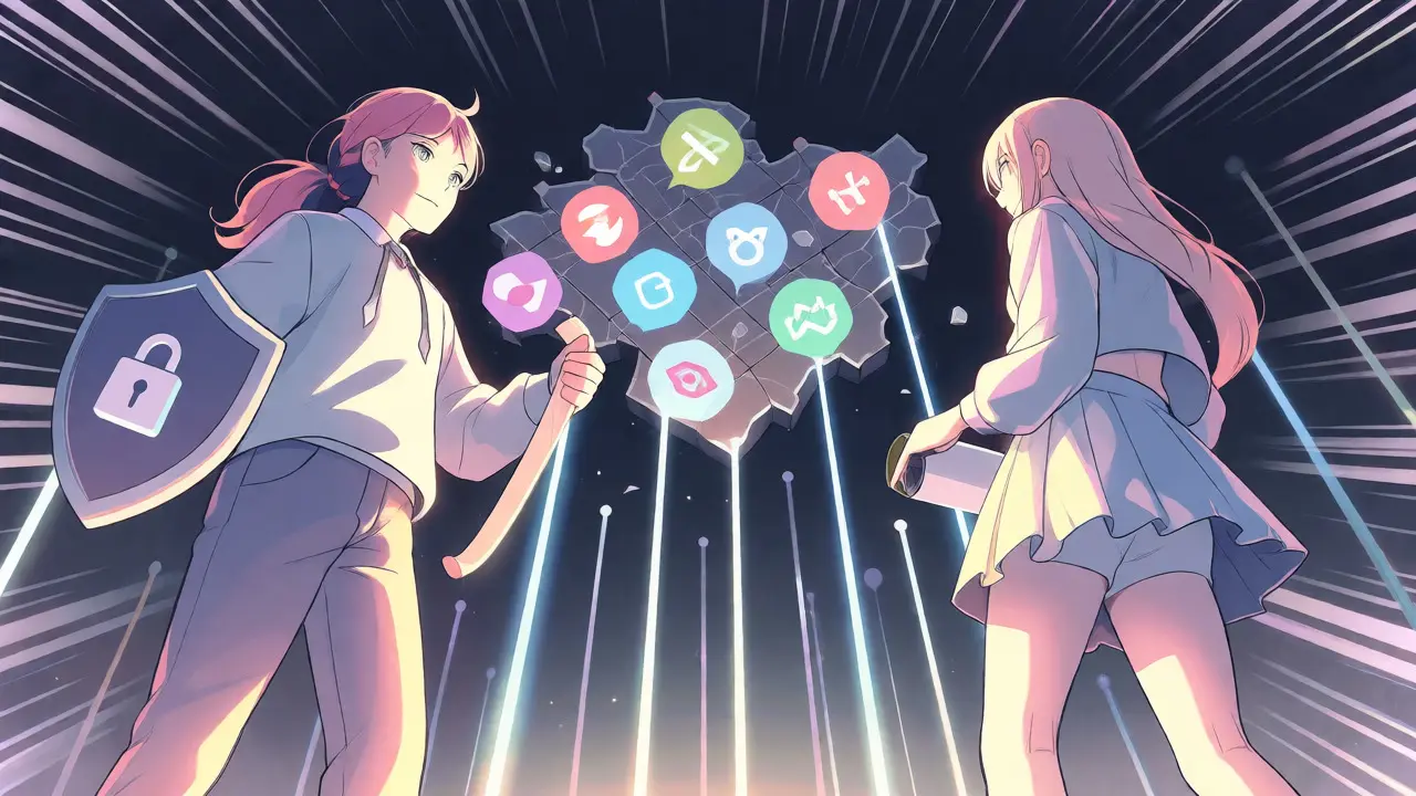 Two anime figures standing on a digital bridge between exchange types