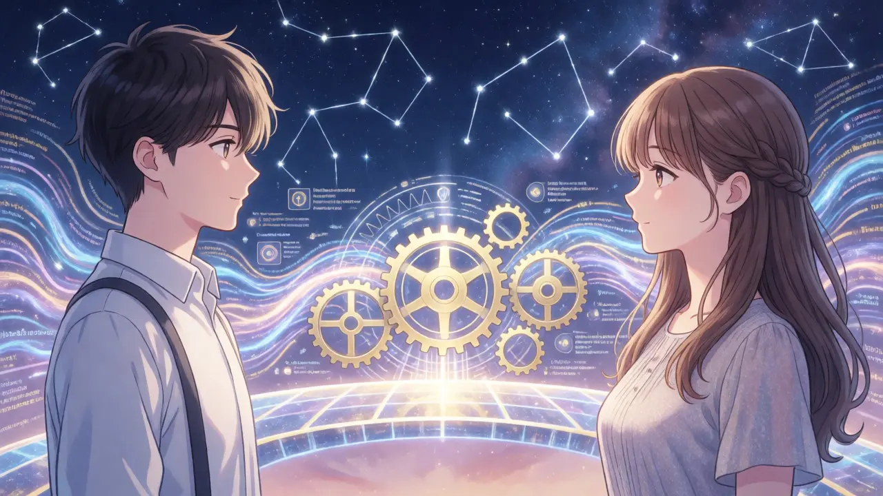 Two figures connected by a bridge of light and code representing smart contracts.