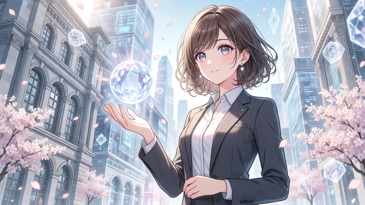 Woman holding a glowing tokenized asset orb in a futuristic financial setting.