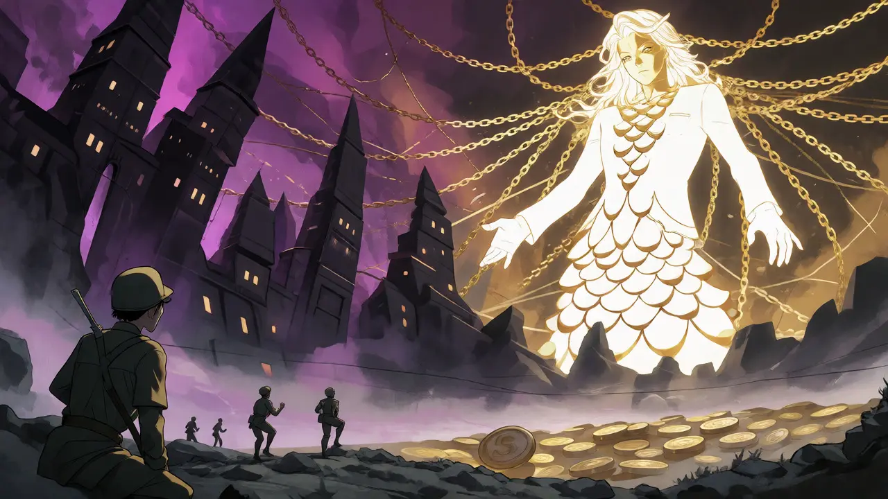 Anime depiction of US sanctions acting as a golden net over Myanmar crypto scam centers and militias.