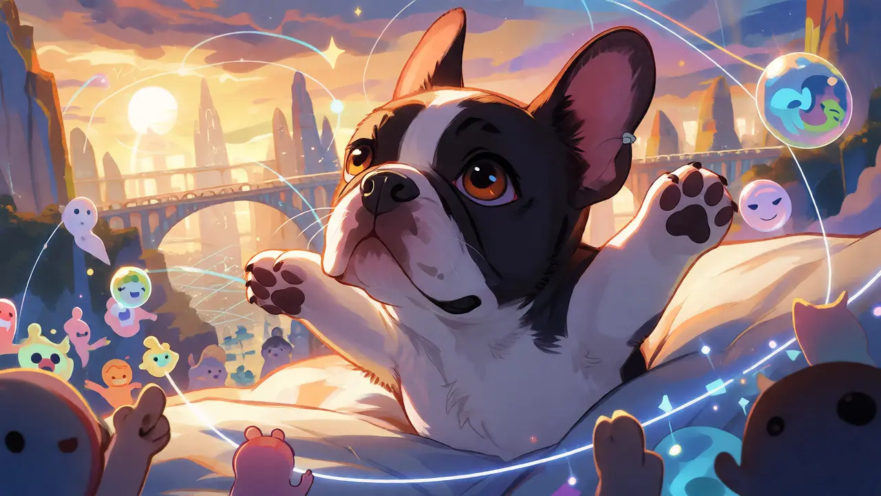 Anime French bulldog waking up amidst glowing network connections