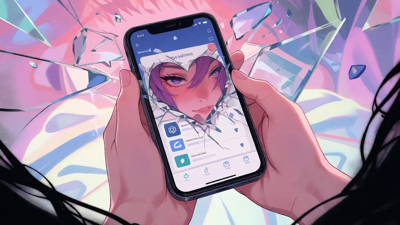 Close-up anime shot of a smartphone with a broken heart effect, symbolizing crypto scam losses.
