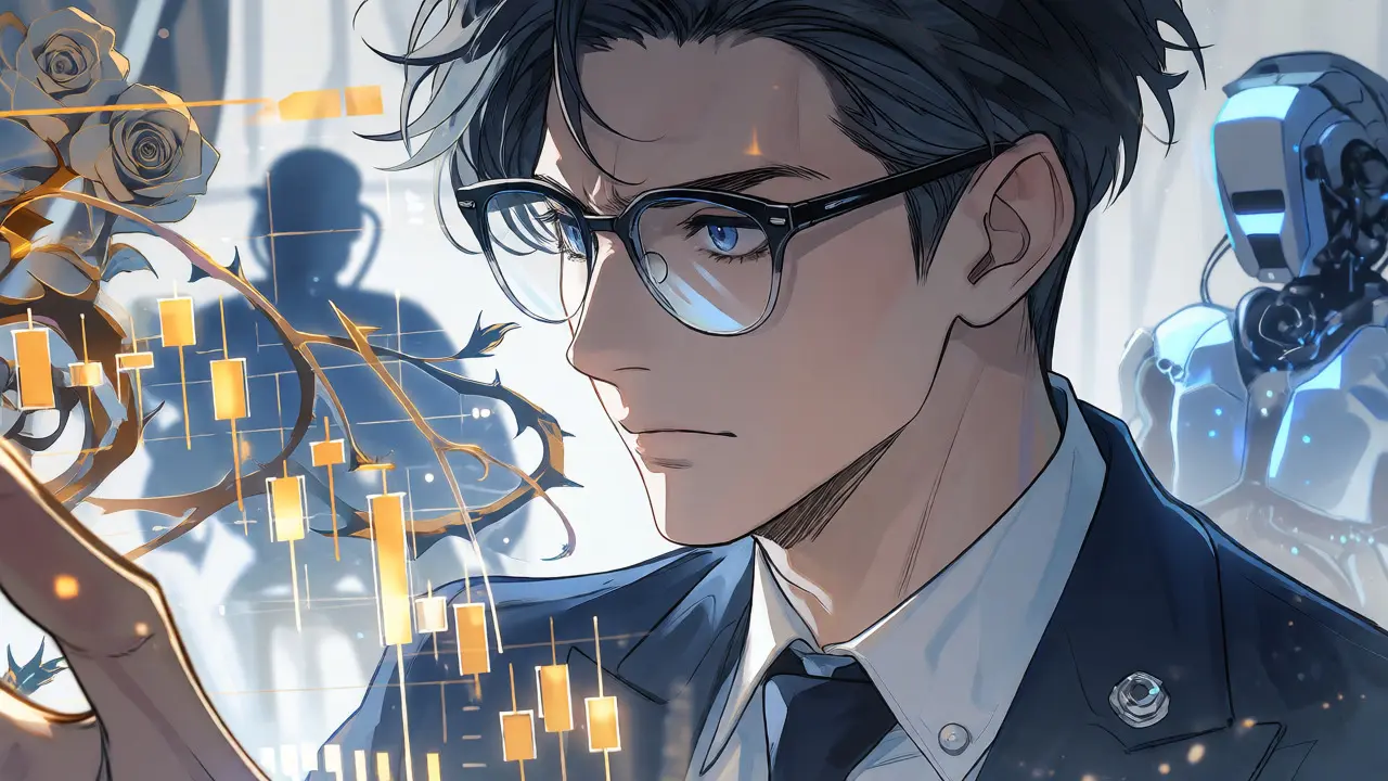 Close-up of a trader analyzing volatile crypto charts amidst digital rose motifs.