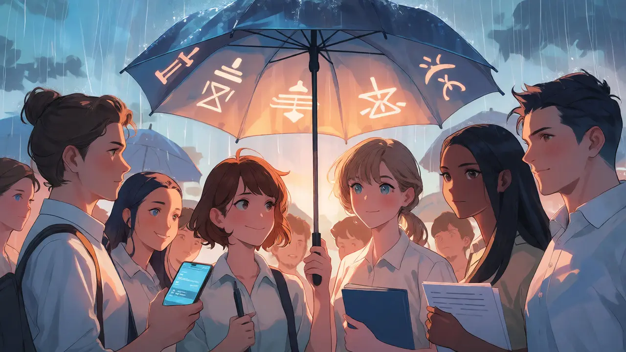 Group of anime characters sheltered from regulatory rain by a compliance umbrella.
