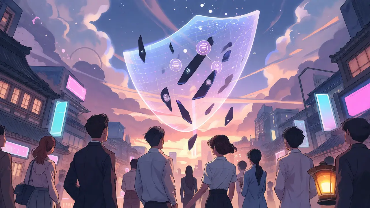 Group of professionals protected by a light shield against falling penalty shards in a futuristic city.