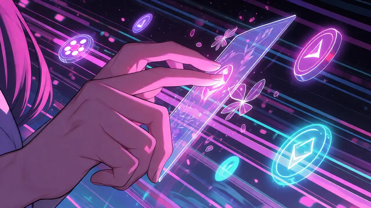 Hands interacting with a glowing DEX interface amidst speed lines and coin icons.