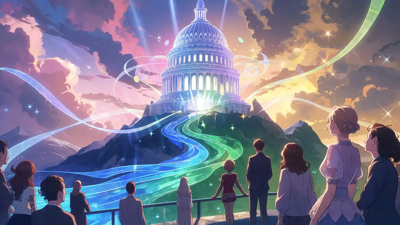 Hopeful shoujo scene showing merged regulatory paths under a crystal capitol