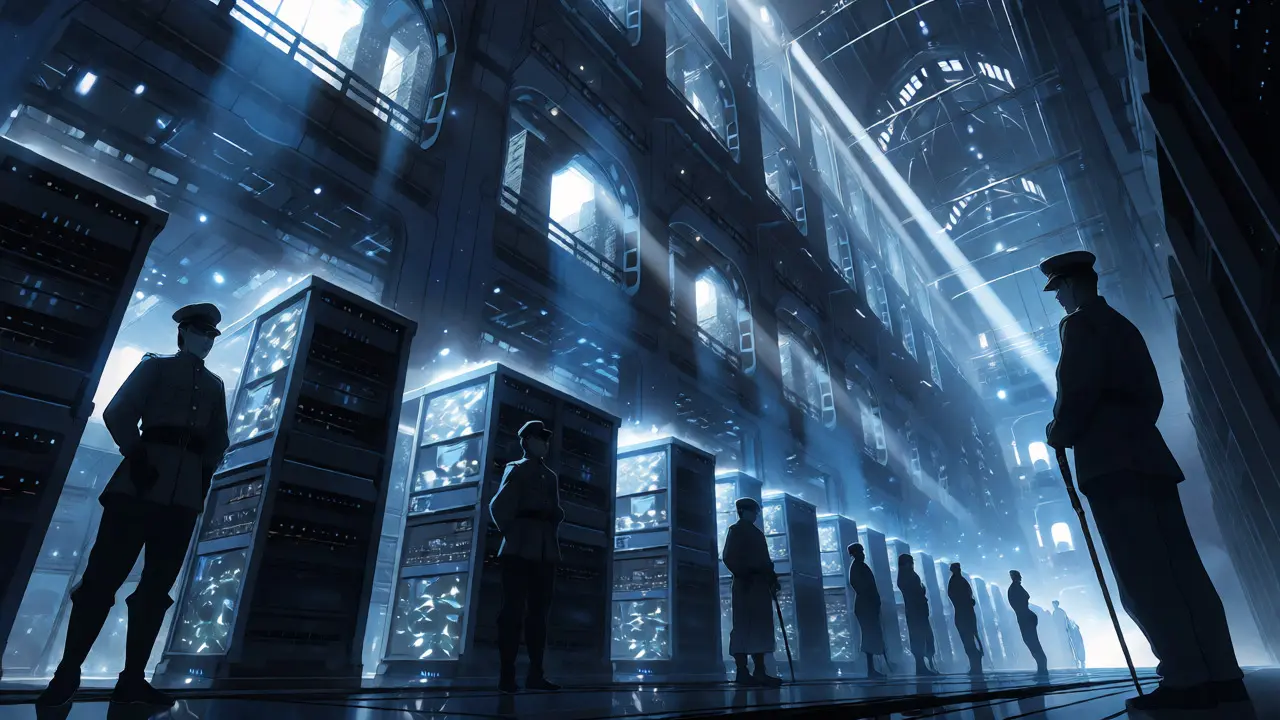 Massive server farm inside a military base with guards and magical glowing lights.