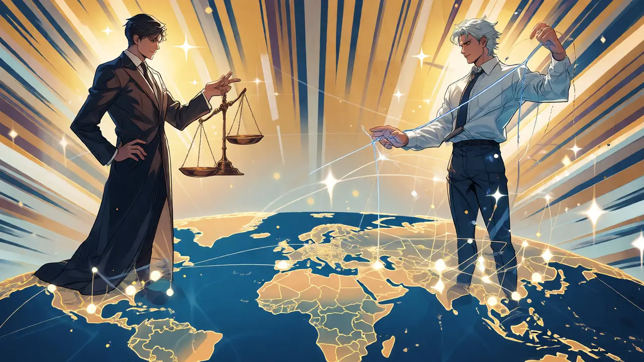 Personified CRS and CARF figures connecting global financial networks in anime art.