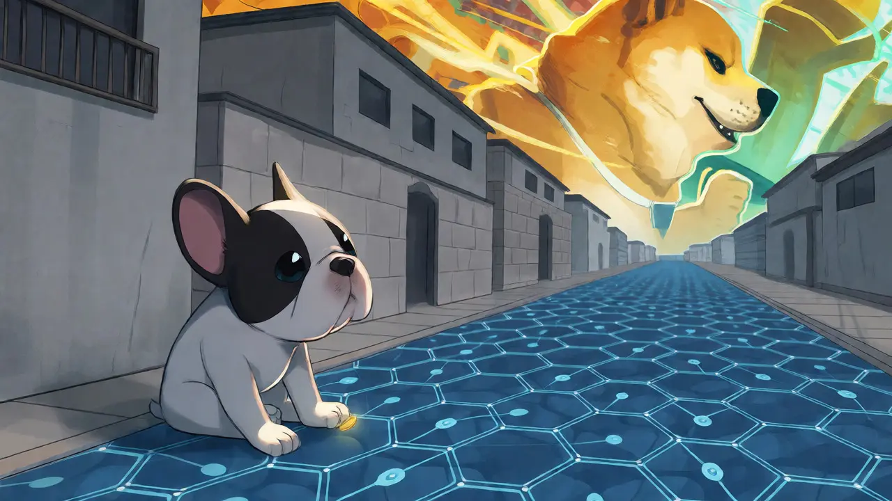 Small anime dog sitting alone while giant meme coins pass by in distance